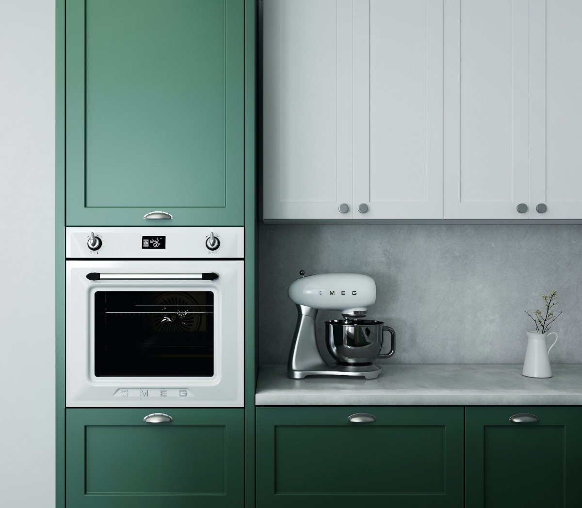 A bold colored green kitchen cabinet